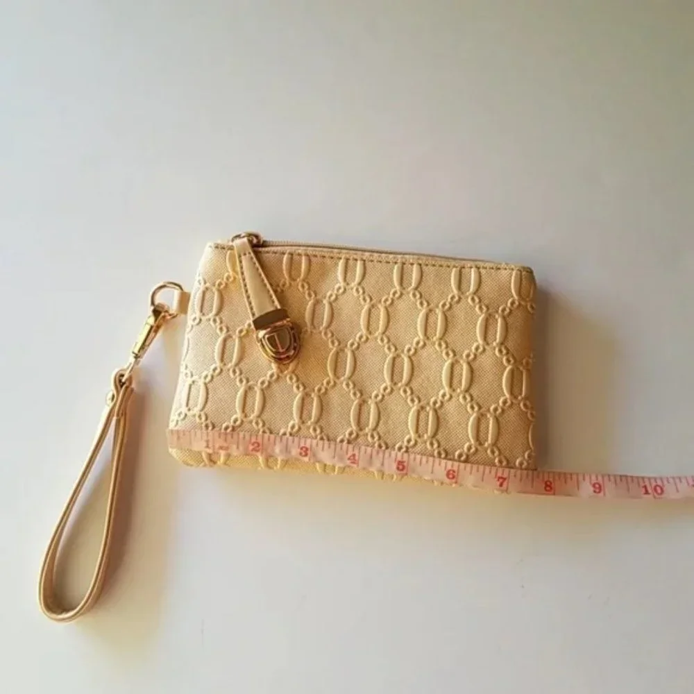 Gold Metallic Crosshatch Embossed Monogram Wristlet Pouch Zip Top Clutch Wallet